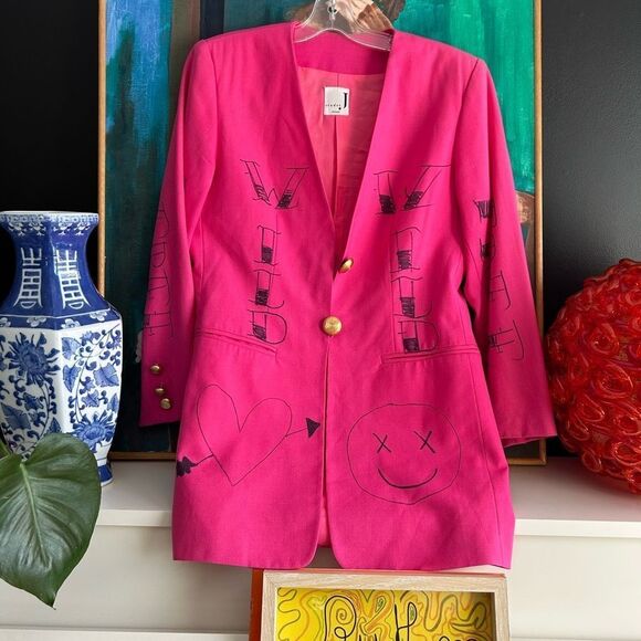 Studio J Cool Wool Pink Reworked Hand Drawn Blazer Vtg 90s - Picture 1 of 16